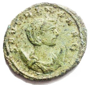 reverse: Aurelian, with Severina. AD 270-275. Æ Double Sestertius (28.9 x 26.2 mm, 11.08 g). Rome mint. Radiate and cuirassed bust of Aurelian right / Diademed and draped bust of Severina right, resting on a crescent. RIC V 1. Good VF. Green patina.