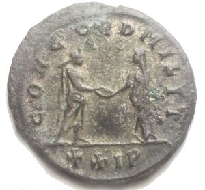 reverse: PROBUS (276-282). Antoninianus. Siscia. Obv: IMP C M AVR PROBVS P F AVG. Radiate and cuirassed bust left, holding spear and shield. Rev: CONCORD MILIT / XXIP. Probus and Concordia standing facing one another, clasping hands. RIC 650. Very fine. Weight: 3.4 g. Diameter: 22.86 mm.