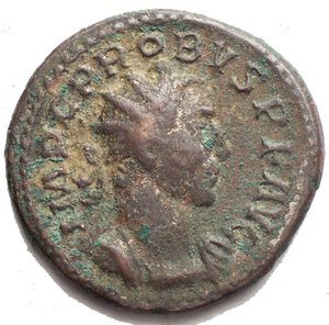 obverse: Probus AD 276-282. Lyon Antoninianus Ae silvered 23,12 mm., 4,55g. d/IMP C PROBVS P F AVG Radiate and cuirassed bust of Probus to right r / TEMPOR FELICI, Felicitas standing right, holding long caduceus in right hand and cornucopiae in left, I in exergue. very fine RIC 104.