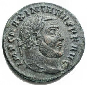 obverse: Impero Romano - Maximianus (286-305). Æ Follis (27 mm, 10,33g). Ticinum, 305. Laureate head r. R/ Fides seated l., holding standard in each hand; •//PT. RIC VI 55b. Gren patina. GoodVF-aEF