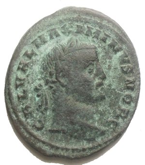 obverse: Maximinus II as caesar (Galerius Maximianus 305-311) Nummus  AE (g 7,32; mm 25,3 x 28,9) laureate head r., Rv. VIRTVTI E  XERCITVS Mars, helmeted, advancing r., holding spear and trophy on l. shoulder; untouched green patina