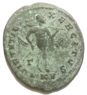 reverse: Maximinus II as caesar (Galerius Maximianus 305-311) Nummus  AE (g 7,32; mm 25,3 x 28,9) laureate head r., Rv. VIRTVTI E  XERCITVS Mars, helmeted, advancing r., holding spear and trophy on l. shoulder; untouched green patina