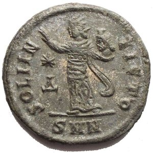 reverse: Maximinus II Daia AD 310-313. Nicomedia Follis Æ 21.9 x 21.4 mm, 4.6 g d/IMP C GAL VAL MAXIMINVS P F AVG, laureate head right r/ SOLI INVICTO/ */ Δ/ SMN, radiate Sol in long robe, standing facing, head to left, with right hand raised and left holding head of Serapis. RIC 77b. EF