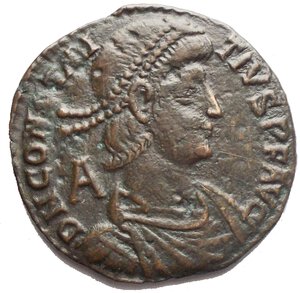 obverse: Constantius II. (337 - 361 AD). Maiorina. 348 - 352 AD Aquileia. Obverse: D N CONSTANTIVS P F AVG. Bust with pearl diadem, paludament and armor right; in field A. Reverse: FEL TEMP REPARATIO / AQT ° Roman soldier with lance and shield stabbing fallen Persian horseman; in field A. 23.1 mm. 4.61 g. RIC VIII, p. 324, 113; Paolucci 486. Very fine