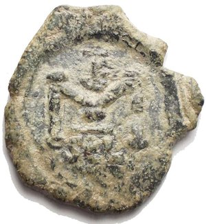 reverse: Impero Bizantino. Costante II (641-668). Follis, Siracusa. D/ Costante II e Costantino IV stanti di fronte. R/ Grande M. Sopra, monogramma. Sotto, SCL. Cfr. MIB 209. AE. g. 5.27 BB+. Patina verde a smalto