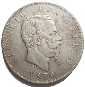 obverse: Casa Savoia - Vittorio Emanuele II. 5 Lire 1870 Milano Ag BB+