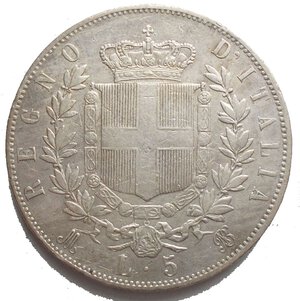 reverse: Casa Savoia - Vittorio Emanuele II. 5 Lire 1870 Milano Ag BB+