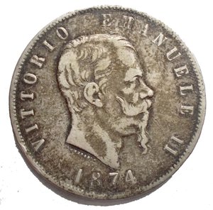 obverse: Casa Savoia - Vittorio Emanuele II. 5 Lire 1874 Milano Ag qBB Patina