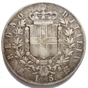 reverse: Casa Savoia - Vittorio Emanuele II. 5 Lire 1874 Milano Ag qBB Patina