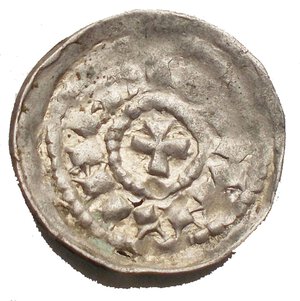 obverse: Milano. Epoca di Federico I e di Enrico VI. 1152-1198. Coniazione a nome dell Imperatore Enrico. Denaro scodellato. Ag  gr. 0,83. mm 17,9