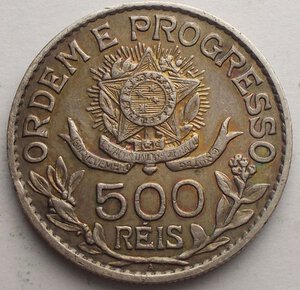 reverse: Brasile 500 Reis 1913 Ag Patina