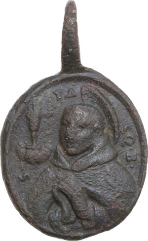 obverse: Spagna. Medaglietta devozionale con S. Giovanni di Prado e S. Pasquale Baylon Yubero. Inizi 1700.  Dimensioni: 25 x 16 mm