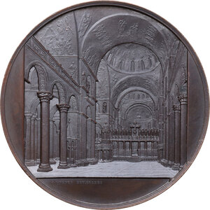 reverse: Medaglia per la serie delle Cattedrali Europee realizzata da Jacob Wiener a Bruxelles a metà del XIX secolo, raffigurante la Basilica di San Marco a Venezia