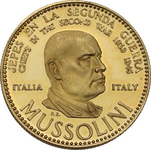 obverse: Medaglia 1958 emessa dal Banco Italo-Venezolano per la serie – Chiefs in the Second War series ITALY - MUSSOLINI. Coniata nella zecca di Karlsruhe (Baden, Germania dell Ovest)