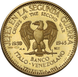 reverse: Medaglia 1958 emessa dal Banco Italo-Venezolano per la serie – Chiefs in the Second War series ITALY - MUSSOLINI. Coniata nella zecca di Karlsruhe (Baden, Germania dell Ovest)