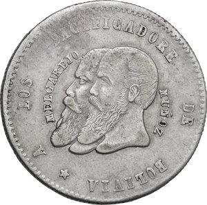 obverse: Bolivia.  Republic. Mariano Melgarejo, General y Presidente (1864-1871). Half Melgarejo 1865, ‘Proclamation’ medal, Potosi mint