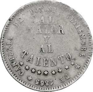 reverse: Bolivia.  Republic. Mariano Melgarejo, General y Presidente (1864-1871). Half Melgarejo 1865, ‘Proclamation’ medal, Potosi mint