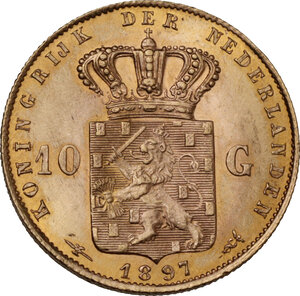 reverse: Netherlands.  Wilhelmina (1890-1948).. 10 Gulden 1897