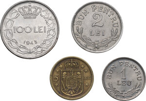 reverse: Romania. Lot of four (4) coins: 100 Lei 1943, 5 Lei 1930, 2 Lei 1924, 1 Leu 1924