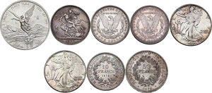 reverse: Multiple lot of eight (8) silver coins, including: Mexico 2 Onzas 1997, Great Britain 1 Crown 1889, USA 1 Dollar 1889, USA 1 Dollar 1882, USA 1 Dollar 1986, USA 1 Dollar 1987, France 10 Francs 1972, France 50 Francs 1978