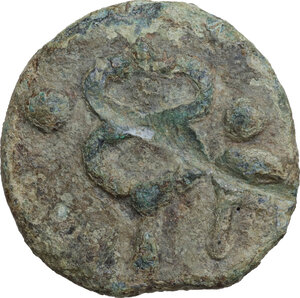 reverse: Dioscuri/Mercury with sickle symbol series.. AE Cast Sextans, c. 240 BC