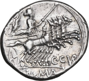 reverse: C. Curiatius Trigeminus. AR Denarius, 142 BC