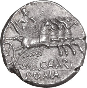 reverse: C. Aburius Geminus. AR Denarius, 134 BC