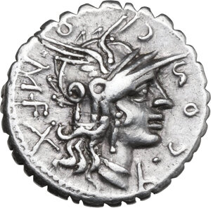 obverse: L. Cosconius M.f.. AR Denarius serratus, 118 BC. Narbo mint