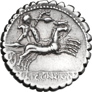 reverse: L. Cosconius M.f.. AR Denarius serratus, 118 BC. Narbo mint