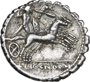 reverse: C. Malleolus C.f.. AR Denarius serratus, 118 BC