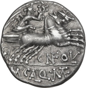 reverse: Cn. Fulvius, M. Calidius and Q. Metellus. AR Denarius, 117-116 BC