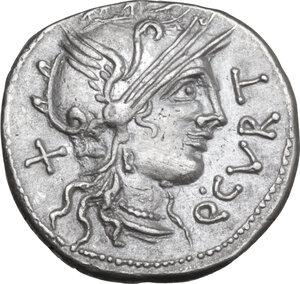 obverse: Q. Curtius and M. Silanus . AR Denarius, 116 or 115 BC