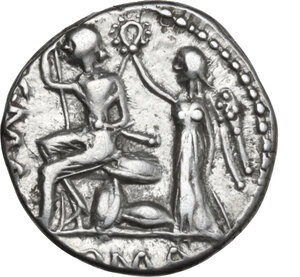 reverse: C. Poblicius Malleolus, A. Postumius Sp. f. Albinus and L. Metellus.. AR Denarius, 96 BC