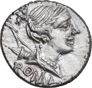 obverse: C. Publicius Malleolus, A. Postumius Sp. f. Albinus and L. Metellus . AR Denarius, late 90s BC