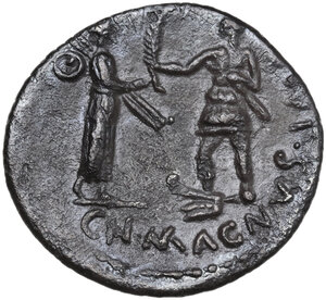 reverse: Cn. Pompeius Magnus with M. Poblicius. AR Denarius, Spain, 46-45 BC