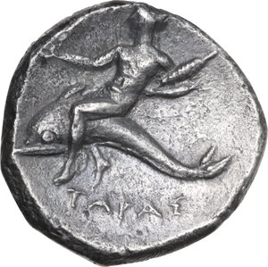 reverse: Southern Apulia, Tarentum. AR Nomos, c. 272-240 BC. Aristis, magistrate