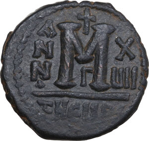 reverse: Maurice Tiberius (582-602).. AE Follis, Theoupolis (Antioch) mint, dated RY 17 (598-599)