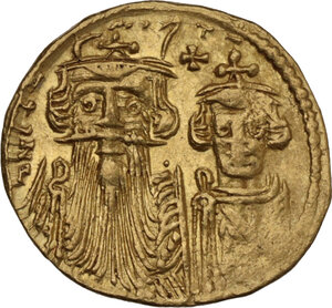 obverse: Constans II, with Constantine IV (641-668). . AV Solidus. Constantinople mint. Struck 654-659