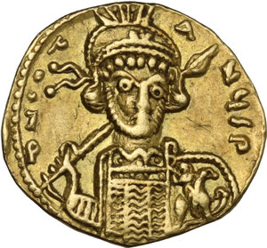 obverse: Constantine IV Pogonatus, with Heraclius and Tiberius (668-685).. AV Solidus. Constantinople mint, uncertain officina. Struck circa 674-681