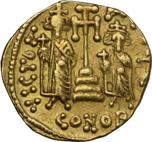 reverse: Constantine IV Pogonatus, with Heraclius and Tiberius (668-685).. AV Solidus. Constantinople mint, uncertain officina. Struck circa 674-681