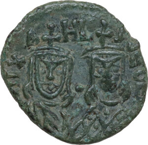 obverse: Michael II the Amorian, with Theophilus (820-829).. AE Follis. Syracuse mint, 821-829