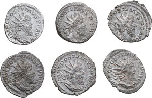 obverse: The Roman Empire.. Lot of six (6) AR Antoninianii of Postumus, including types: Emperor with spear and globe, Moneta (4) and Hercules