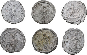 reverse: The Roman Empire.. Lot of six (6) AR Antoninianii of Postumus, including types: Emperor with spear and globe, Moneta (4) and Hercules