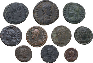 obverse: The Roman Empire.. Multiple lot of ten (10) unclassified AE Late Roman coins. Including: Constantine I, Commemorative Series, Constantine II, Crispus, Constantius II, Theodosius I and Arcadius