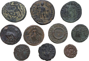 reverse: The Roman Empire.. Multiple lot of ten (10) unclassified AE Late Roman coins. Including: Constantine I, Commemorative Series, Constantine II, Crispus, Constantius II, Theodosius I and Arcadius