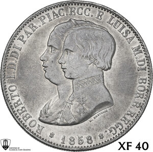 obverse: Parma.  Roberto I di Borbone con la reggenza di Maria Luisa (1854-1859). 5 lire 1858