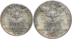 reverse: Roma - Città del Vaticano.  Sede Vacante (1939). Lotto di due (2) monete:  10 lire e 5 lire 1929