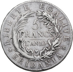 reverse: Torino.  Repubblica Subalpina (1800-1802). 5 franchi 1802 AN. 10