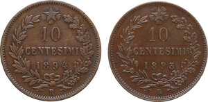 reverse: Umberto I (1878-1900). Lotto di due (2) monete: 10 centesimi 1893-94 R