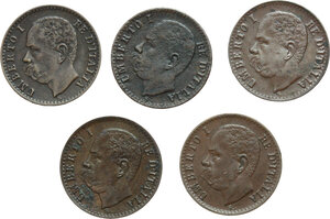 obverse: Umberto I (1878-1900).. Serie completa di cinque (5) monete da un centesimo (1895-1896-1897-1899 e 1900)